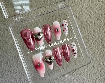 Romantic Pink Heart Press on nails | Sweet Pink Love Nail Set for Valentine's | Long Heart Shaped Nails