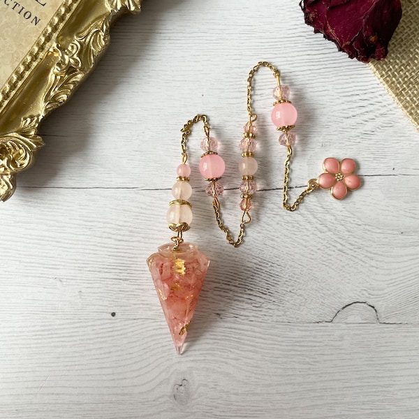 Pendule divinatoire en quartz rose, fleur de cerisier, radiesthésie, pierre naturelles et perles naturelles, joli pendule fait main, wicca