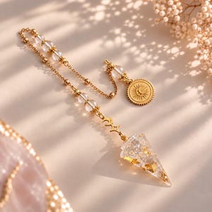 Puede incluir: Un péndulo de cadena dorada con cuentas esféricas transparentes, un pequeño dije de estrella y media luna, y una punta cónica de resina con copos de pan de oro. Incluye un dije circular dorado con un diseño grabado de sol y media luna.