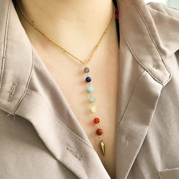 7 chakras pendulum necklace to customize, beautiful rosary necklace, quality natural beads, witch necklace, divinatory pendulum