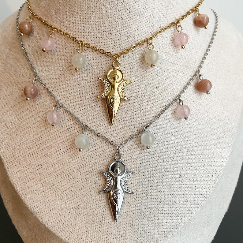 Triple Goddess Moon Necklace, Feminine and Delicate, Pretty Lunar