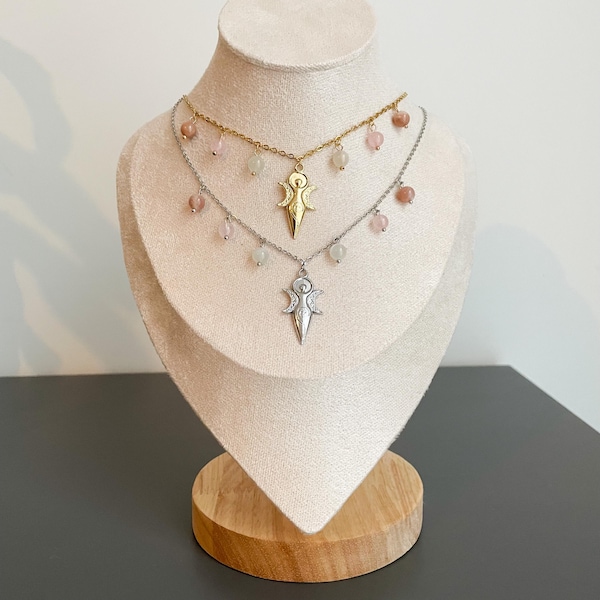Triple Moon Goddess Necklace, feminine jewelry made from natural stones, moonstone, rose quartz, spiritual Wiccan pendant, esoteric jewelry