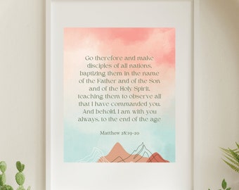 Go therefore and make disciples, Matthew 28:19-20, Scripture Art, Bible Verse Printable, Christian Gift, Home Decor, Bible Quote, Wall Art