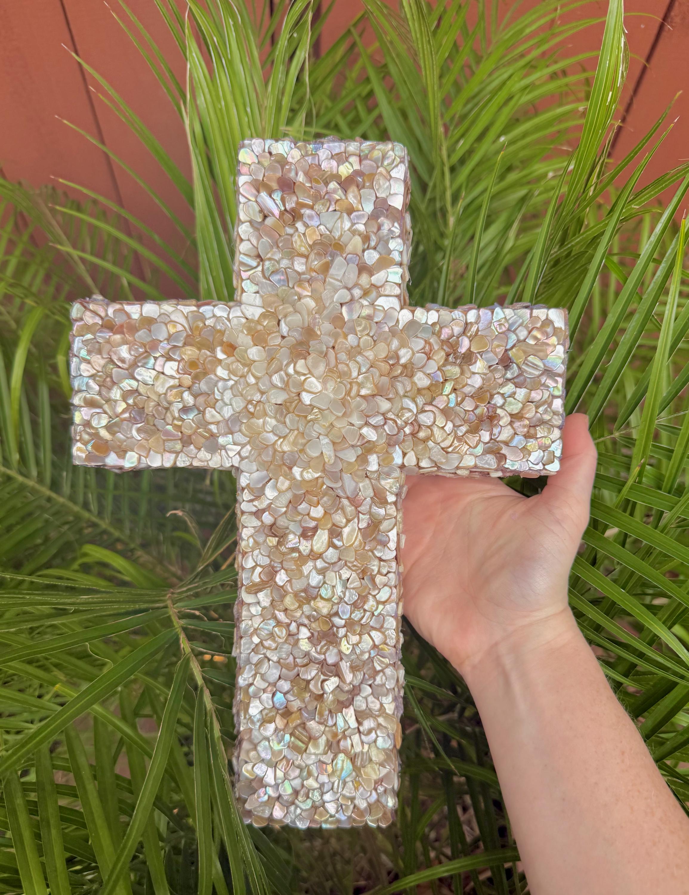 Easter Seashells Handmade Seashell Cross, Large Mahogany Wood Coastal Gift Easter Decor ...