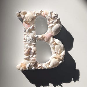 May include: A decorative letter B covered in a variety of white, cream, and light pink seashells, including small spiral shells, bivalves, and a single starfish. The surface is embellished with tiny white beads nestled between the shells.