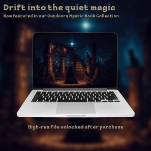 Temple of Light Codes – Dark Academia Pixel Art Laptop Wallpaper | Digital nedladdning av ritualer från forntida ruiner | Klädd figur och Siriusstråle