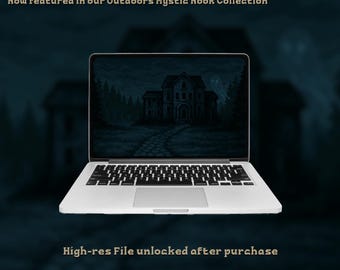 Night Cabin – Dark Pixel Art Haunted House Laptop Wallpaper | Spooky Retro Digital Download | Gothic Forest Desktop Background