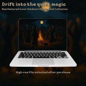 May include: A white laptop shows a digital artwork of figures around a bonfire under a full moon. The text "Drift into the quiet magic" and "Now featured in our Outdoors Mystia Nook Collection" are at the top. The text "High-res File unlocked after purchase" is at the bottom.