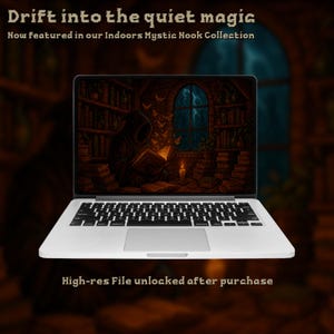 Peut inclure: Un ordinateur portable argenté affiche une illustration numérique d'une figure encapuchonnée lisant dans une bibliothèque, avec le texte "Drift into the quiet magic". L'écran montre une scène mystique avec une fenêtre et des éclairs. Le texte en bas dit "High-res File unlocked after purchase."
