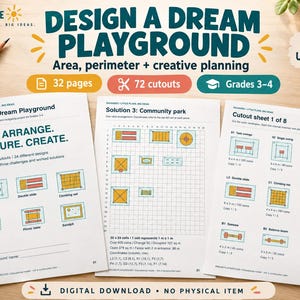 Puede incluir: Un conjunto educativo de 32 páginas titulado Design a Dream Playground para los grados 3-4, que incluye 72 recortes, cuadrículas de planificación y desafíos creativos. Las páginas impresas muestran diagramas de equipos como columpios y toboganes.
