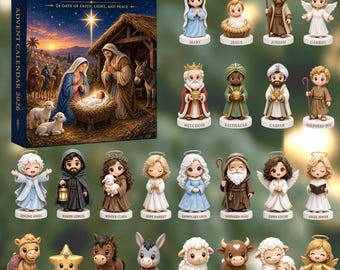 May include: A Nativity Scene Advent Calendar 2026 box featuring a stable illustration and 24 individual chibi-style figurines including Mary, Jesus, Joseph, Gabriel, the Three Wise Men, various angels, a camel, star, horse, donkey, lamb, ox, and ewe.