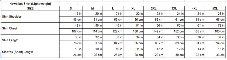 Puede incluir: Tabla de tallas para camisa hawaiana, que detalla las medidas para las tallas S a 5XL. Incluye medidas de hombro, pecho, largo y largo de manga corta en cm y pulgadas.