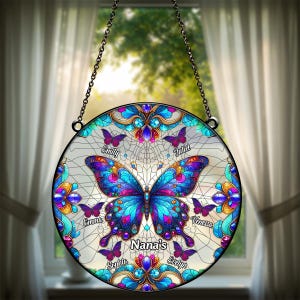 Personalized Butterfly Nana Suncatcher with Grandkids, Mother&#39;s Day Gift for Grandma, Custom Butterfly Floral Sun Catcher for Window Gifts