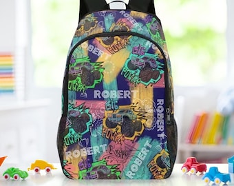 Personalized Monster Truck Backpack, Monster Truck Backpack For Boys, School Bag with Matching Lunch Box & Water Bottle, School Backpack