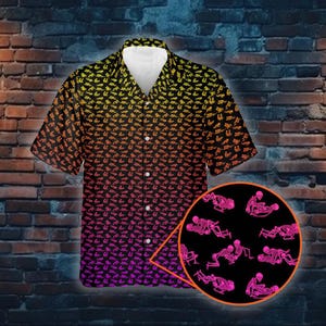 May include: A black button-up shirt with a short sleeve design. The shirt has a gradient pattern of yellow, orange, pink, and purple skeletons.