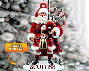 Custom Scotland Santa Ornament with Bagpipes, Personalized Name Highland Tartan Christmas Decor, Unique Scottish Gift for Family & Friends