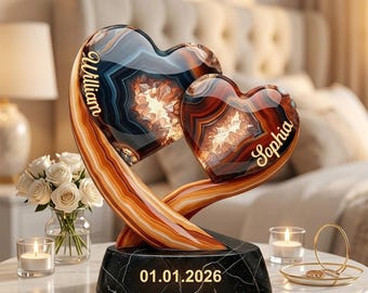Placa acrílica personalizada con forma de doble corazón de cristal geoda, nombres de pareja y fecha personalizados, regalo para ella, regalo de aniversario, regalo de San Valentín.