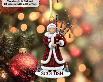 Custom Scotland Mrs Santa Ornament with Bagpipes, Personalized Name Highland Tartan Christmas Decoration, Unique Scottish Christmas Gifts