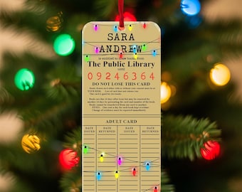 Personalised Vintage Public Library Card Bookmark Christmas Ornament, Library Card Bookmark Style Ornament, Christmas Gifts To Book Lovers