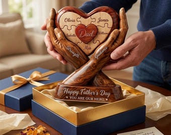 Placa acrílica personalizada con forma del Día del Padre, letrero personalizado de manos de rompecabezas de corazón para papá, eres nuestro héroe, regalo para papá de parte de los niños.