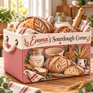 May include: A rectangular pink and cream fabric storage bin with rope handles, labeled Emma's Sourdough Corner. The bin contains sourdough bread loaves, a glass jar of sourdough starter, a wooden rolling pin, and a proofing basket.