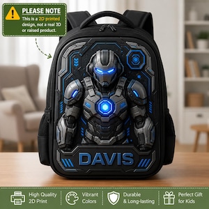Könnte beinhalten: Schwarzer Rucksack mit einem 2D-Druckdesign eines futuristischen Roboters mit blauen Akzenten und dem Namen "DAVIS". Der Rucksack hat einen oberen Griff, Seitentaschen und verstellbare Träger. Der Text lautet "Hochwertiger 2D-Druck" und "Lebendige Farben".