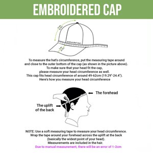 May include: Diagram illustrating how to measure an embroidered cap. The image shows a cap with measurements in cm and inches, and a diagram of how to measure head circumference. Text includes instructions and measurement ranges.