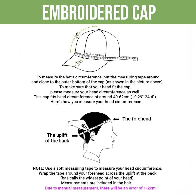 May include: Diagram illustrating how to measure an embroidered cap. The image shows a cap with measurements in cm and inches, and a diagram of how to measure head circumference. Text includes instructions and measurement ranges.