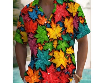 Maple Leaf  Hawaiian Shirt, Forest Maple Leaf Hawaiian Shirts, Men&#39;s Fall Thanksgiving Maple Leaf Hawaiian Shirts, Tropical Hawaiian Shirt