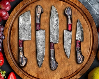 Handmade Steel Damascus Chef Set with Leather Cover, Kitchen Steel Craft Set of 5pcs, Best Anniversary and Mother's Day Gift for her UK/USA