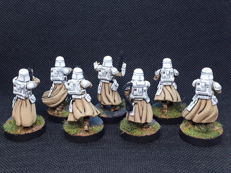 Op de afbeelding: Een groep van zeven wit en bruin geverfde miniatuurfiguren die witte helmen dragen en wapens dragen. De figuren staan op ronde bases met groen gras.