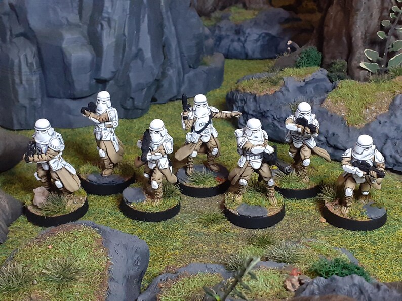 Op de afbeelding: Een groep van zeven wit en bruin geverfde miniatuurfiguren van Star Wars Stormtroopers, die elk op een ronde zwarte basis staan met groen gras. De figuren houden wapens vast en staan in verschillende actiehoudings.
