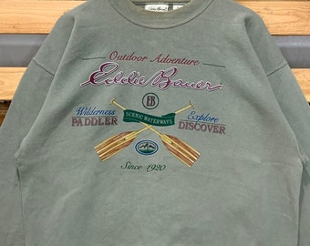Eddie Bauer Outdoor Adventure Crewneck Sweatshirt Pullover Sweater Printed Spell Out Green Color Size L