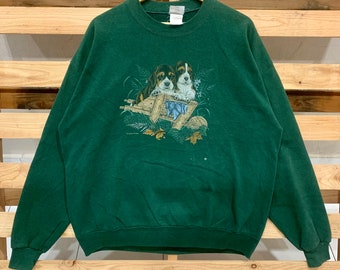 Vintage Twin Puppies Dog Crewneck Pullover Sweatshirt  Sweater Print Logo Green Color Men’s Size XL