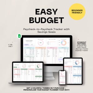 Easy Aesthetic Google Sheets Budget Planner, Paycheck & Debt Tracker, Savings Goals, Freelancers, Family Budget, Bi-Weekly Monthly Templates