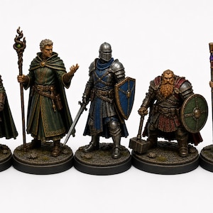 Op de afbeelding: Een set van vijf handbeschilderde fantasy-miniatuurfiguurtjes op ronde voetstukken. De groep bestaat uit een schurk met capuchon en dolk, een magiër met staf, een ridder in blauw-zilveren harnas met schild, een dwerg met hamer en een figuur met capuchon in paarse gewaden die een staf vasthoudt.