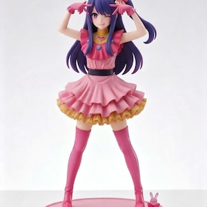 Pode incluir: Uma figura colecionável de estilo anime com longos cabelos roxos, vestindo um vestido rosa com babados, luvas rosas e botas altas rosas. A figura está sobre uma base redonda rosa decorada com estrelas azuis, um pequeno microfone e um coelho.