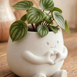Pode incluir: Um vaso de cerâmica branca em forma de personagem arredondado com pés pequenos e braços que formam um coração à frente do corpo. O vaso contém uma planta Peperomia melancia com folhas verdes em forma de coração e riscas prateadas.