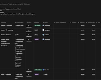 Plantilla de colección de gastos de Notion BoardGame para el seguimiento de cobros y presupuestos / Base de datos digital de gastos para jugadores