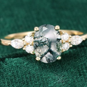 Green Natural Moss Agate Engagement Ring – Vintage Oval Art Deco Ring in Rose Gold, Wedding Promise Ring with Moissanite Diamonds – For Her