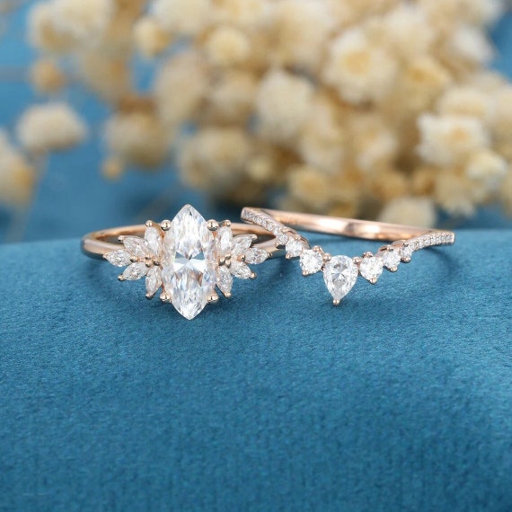 Rose Gold White Topaz Engagement Ring Set Vintage Engagement Ring