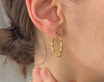 Verdrehte Creolen Gold twist Look Sterlingsilber | Runde gedrehte Ohrringe Stainless steel Hoops