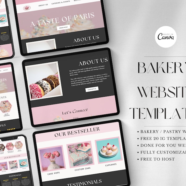 Bakery Website Theme Template white and pink, Social media Templates with Banner for your Bakery or pastry branding, One page canva website