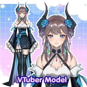 May include: A digital illustration of a character featuring brown hair, blue eyes, and dark horns adorned with blue roses. The character wears a dark blue and white dress with long sleeves, a blue waist ribbon, and thigh-high stockings. Text reads VTuber Model.