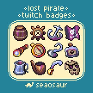Könnte beinhalten: Pixel-Art-Twitch-Badges mit Piraten-Thema. Enthält ein Fass, ein Steuerrad, einen Anker, eine Totenkopf-Flagge, ein Fernrohr, einen Kompass, einen Haken, einen Trank, einen Becher, eine Pfeife, einen Säbel und einen Totenkopf. Text lautet "lost pirate" und "twitch badges".