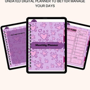 May include: A digital planner with a purple and pink heart pattern. The planner includes a monthly calendar, a weekly planner, and a to-do list. The text "This planner belongs to" is visible on the left side of the image.