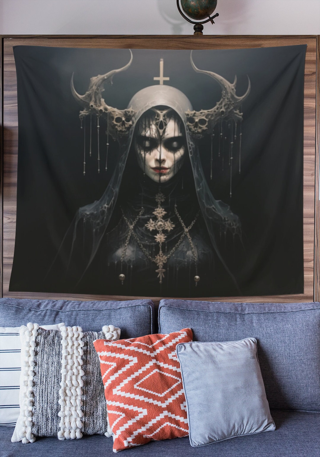 Satanic Nun With Skull Horns Wall Art Tapestry Demonic Cult Etsy