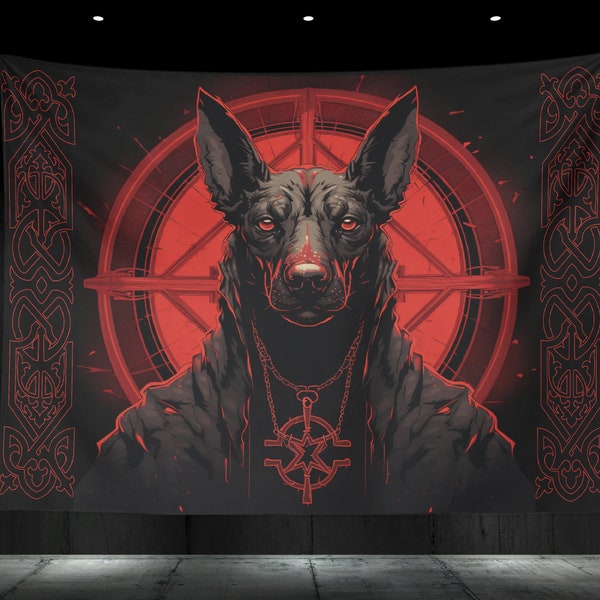 Satanic Hell Hound Wall Art Tapestry, Demonic Black Dog Wall Hanging Textile Decor, Infernal Gothic Canine Large Graphic Print Design