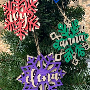 Personalized Snowflake Ornaments - Laser-Cut Wood Snowflake Ornaments