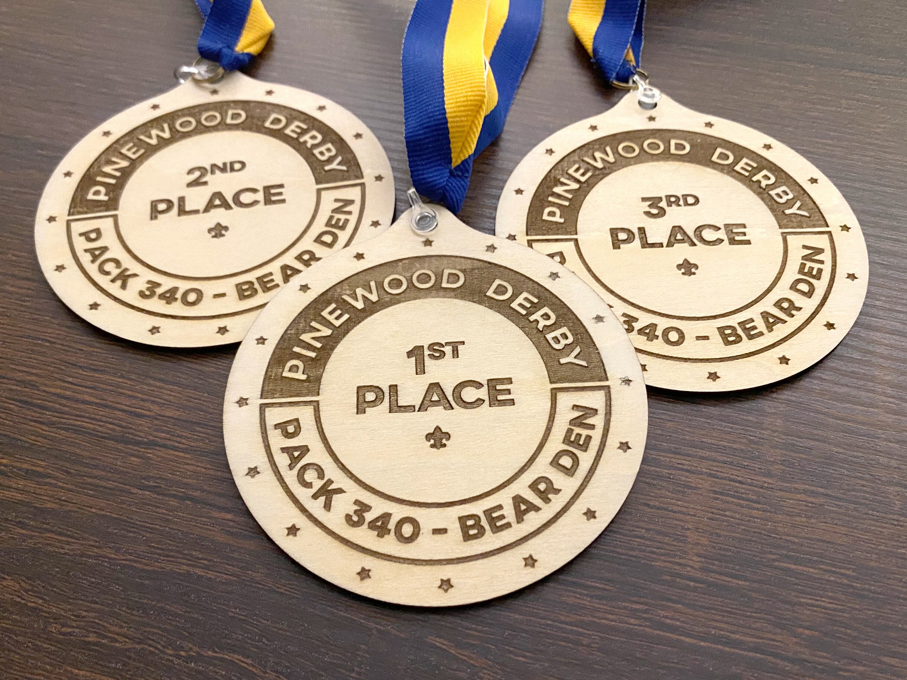Pinewood Derby Medals Set of 3 Lasercut Laserengraved Personalized